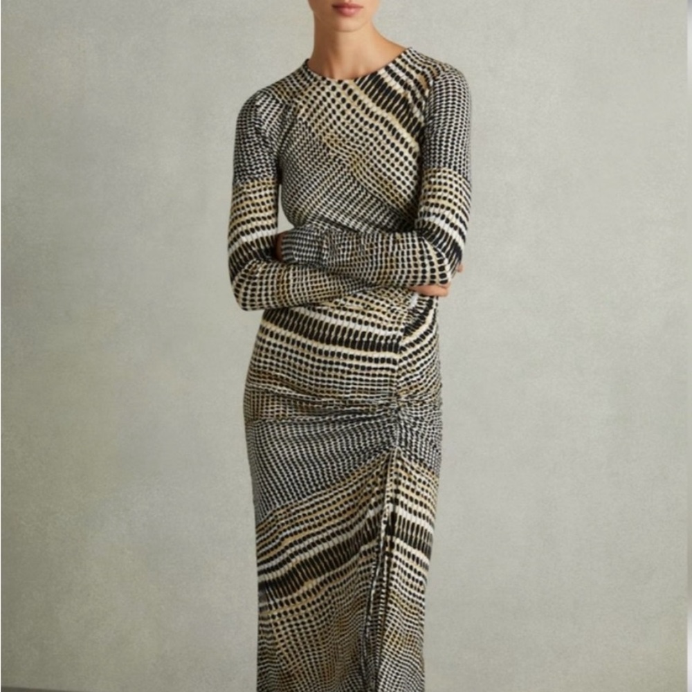 Reiss Abstract Ruched Midi Dress | Long Sleeve | US 12